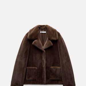 Zara Brown Teddy Jacket with Collared Neckline and Fitted Silhouette LIKE NEW